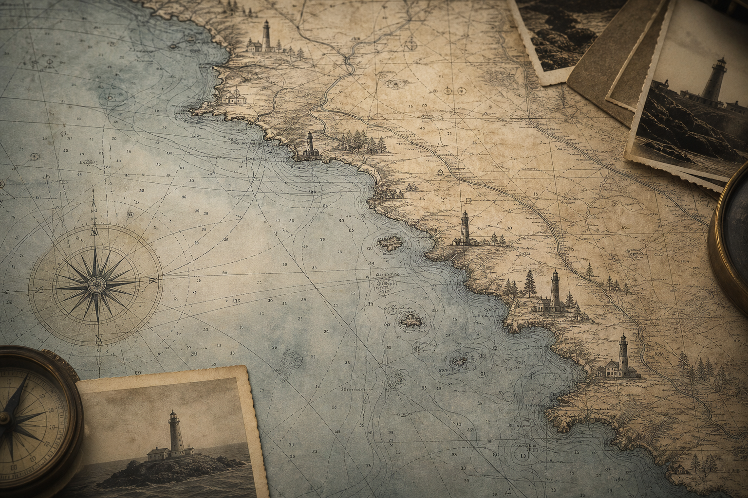 Stylized archival map of the northern coast with preserved lighthouse locations