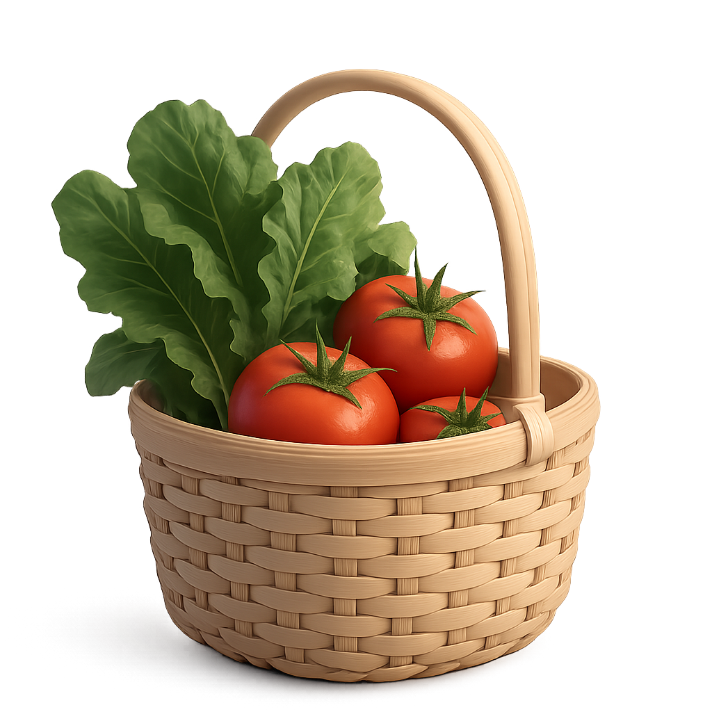 Woven grocery basket with leafy greens and tomatoes
