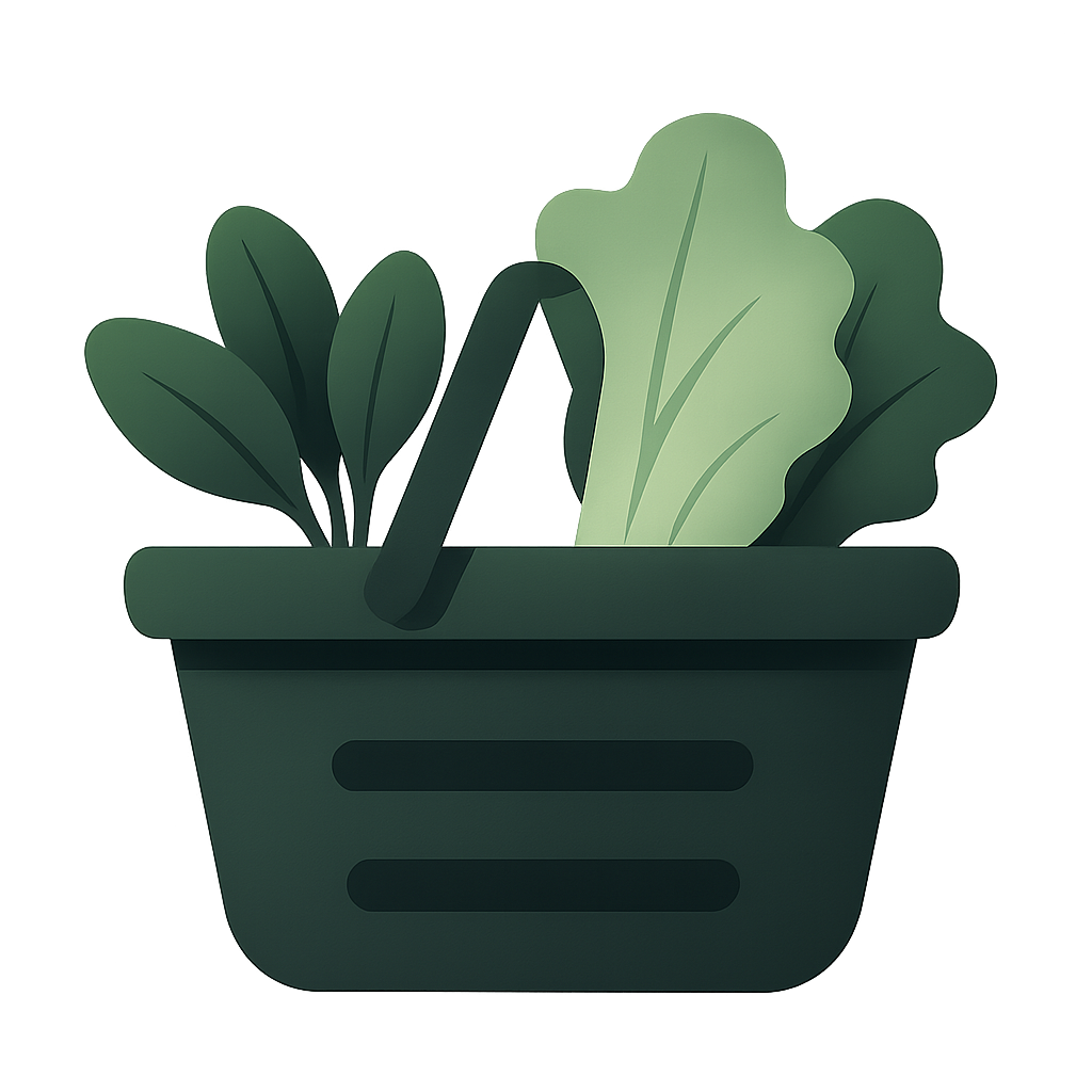 Stylized grocery basket with leafy greens in a smooth, modern illustration style
