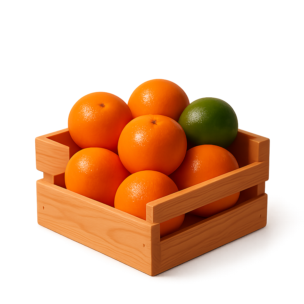 Small wooden produce crate with oranges and a lime