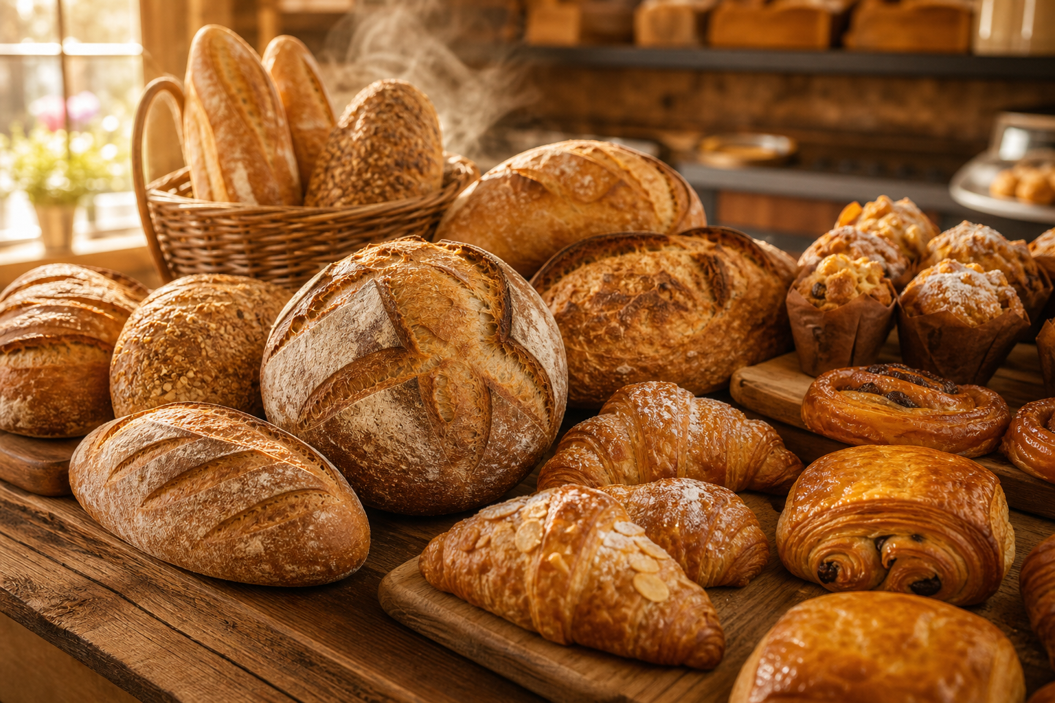 Assorted crusty bread loaves and flaky pastries on a rustic wooden counter with warm bakery lighting