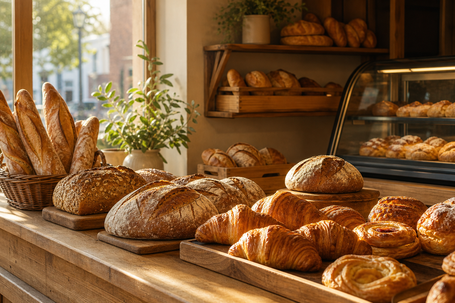 A cozy bakery counter with rustic loaves, flaky pastries, and warm morning light