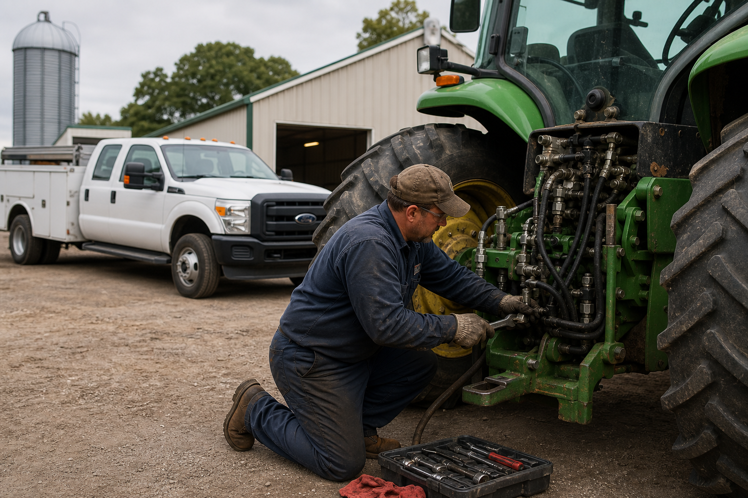 Field technician repairing the hydraulic system of a large green tractor beside a service truck in a farmyard