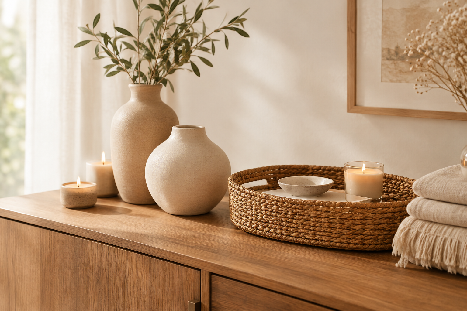 Warm interior vignette with handmade ceramics, woven accents, and soft linen styling