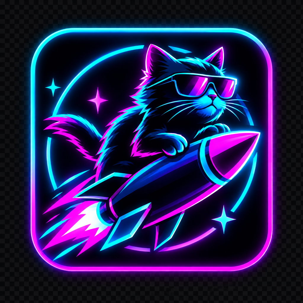 Small neon rocket-cat token icon