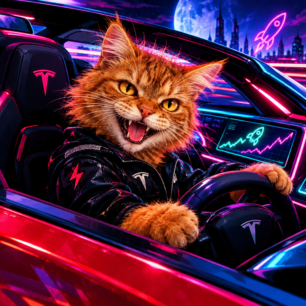 Small framed portrait of a scruffy orange cat in a tiny racing jacket, sitting in a futuristic roadster cockpit with neon dashboard glow