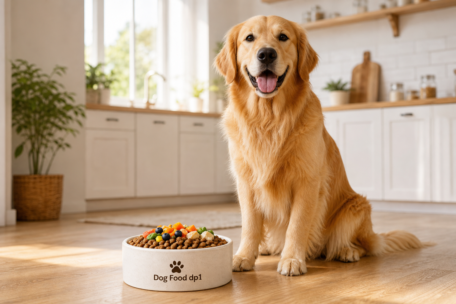 Golden retriever sitting beside a ceramic bowl filled with fresh kibble and vegetables in a warm, modern kitchen