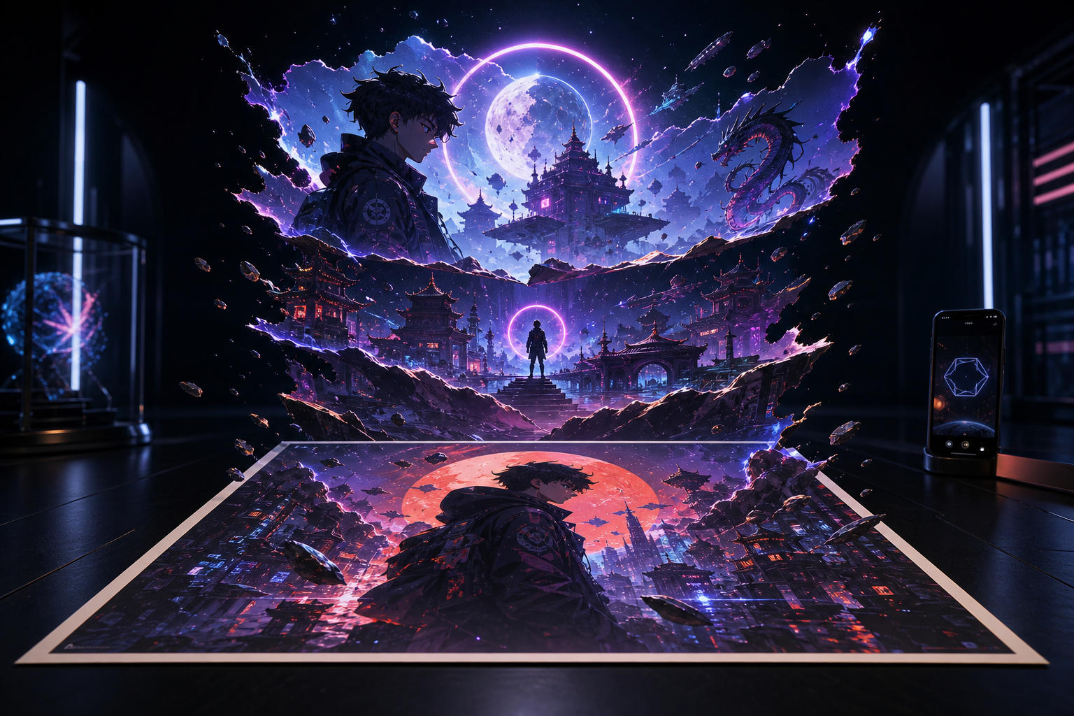 Flagship rupture scene where a physical collector poster remains visible at the lower edge while identical artwork layers split upward into depth-stacked AR creatures and cinematic world planes moving toward the viewer