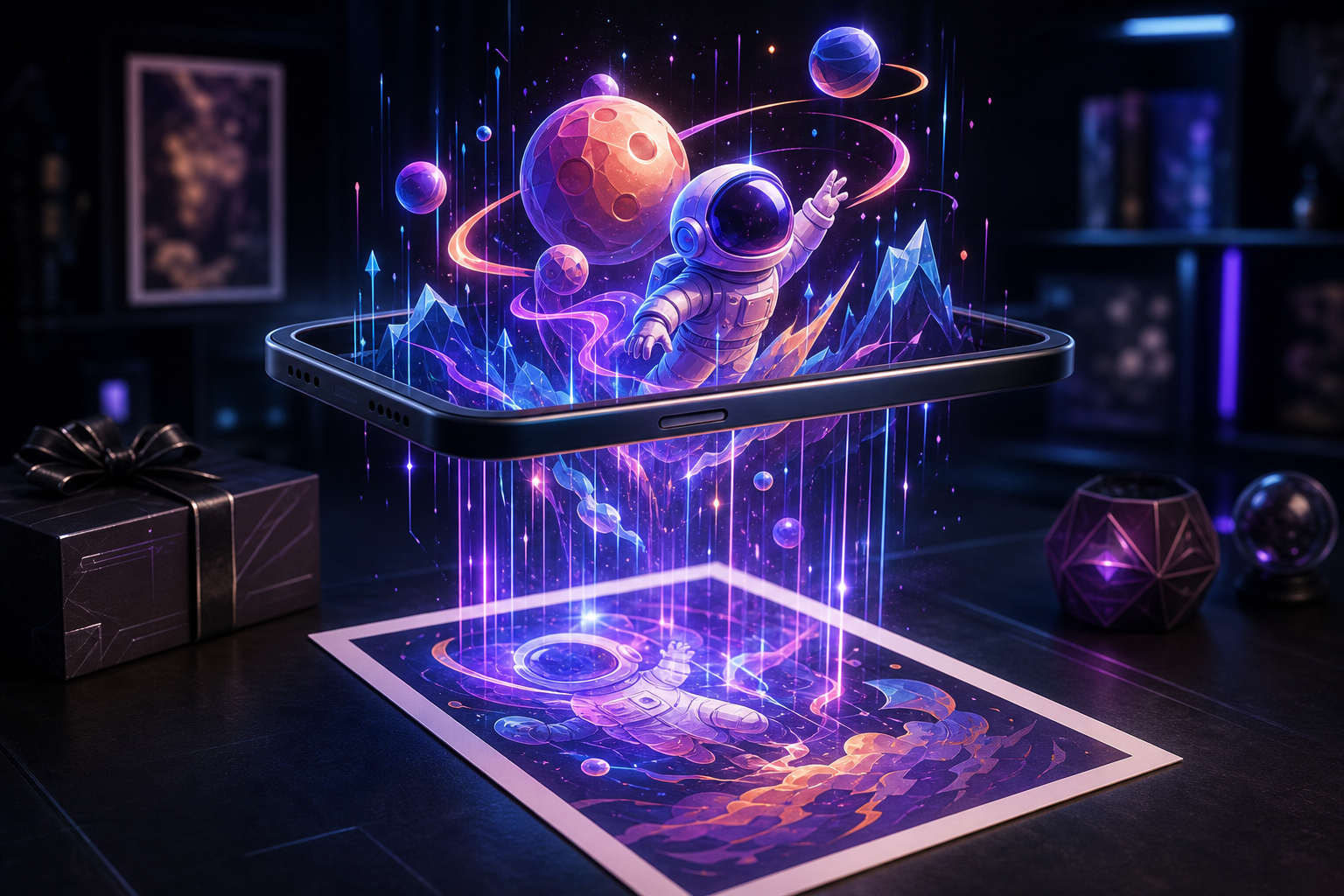 Stylized printed gift on a surface, framed by a phone-like portal with glowing animated artwork emerging upward
