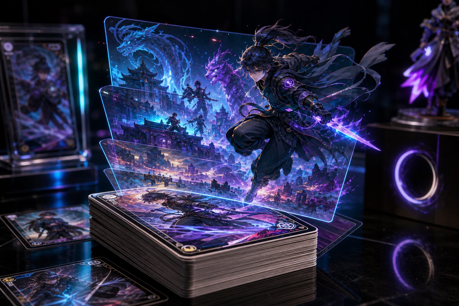 Collectible reveal scene with a physical printed card stack as the source in the foreground while matching artwork panels rise into layered AR scene planes and depth-lit characters