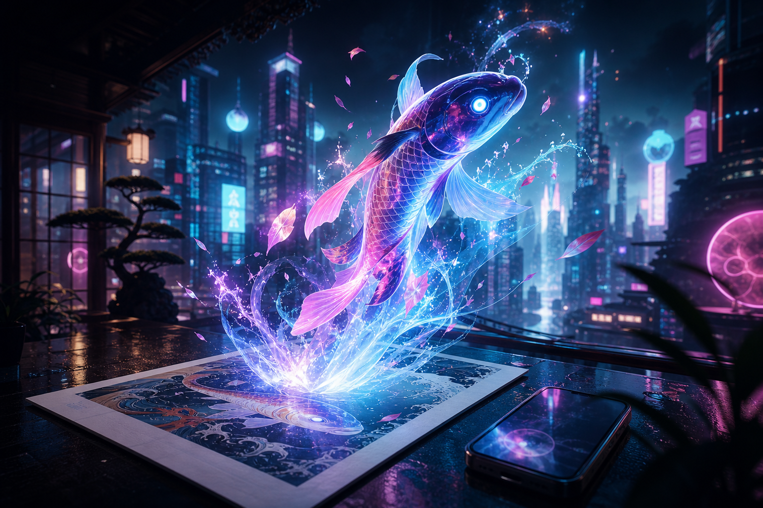 Cinematic fantasy city-at-night AR scene with a luminous creature and depth layers expanding from a physical print source