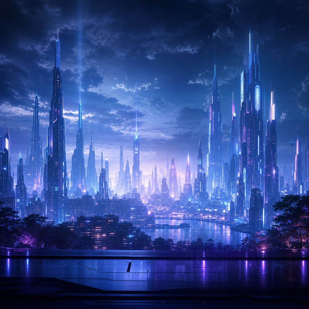 City skyline depth slice from the master artwork rendered as the first holographic panel