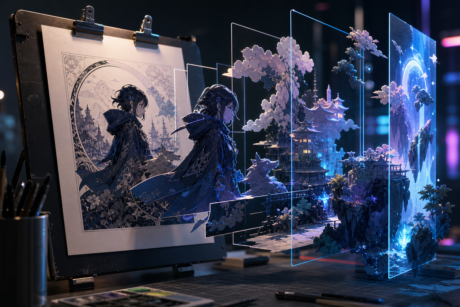 Creator-oriented unfolding scene where a physical illustrated print sheet anchors the composition and its drawn characters separate into dimensional AR slices, foreground planes, and layered scene depth
