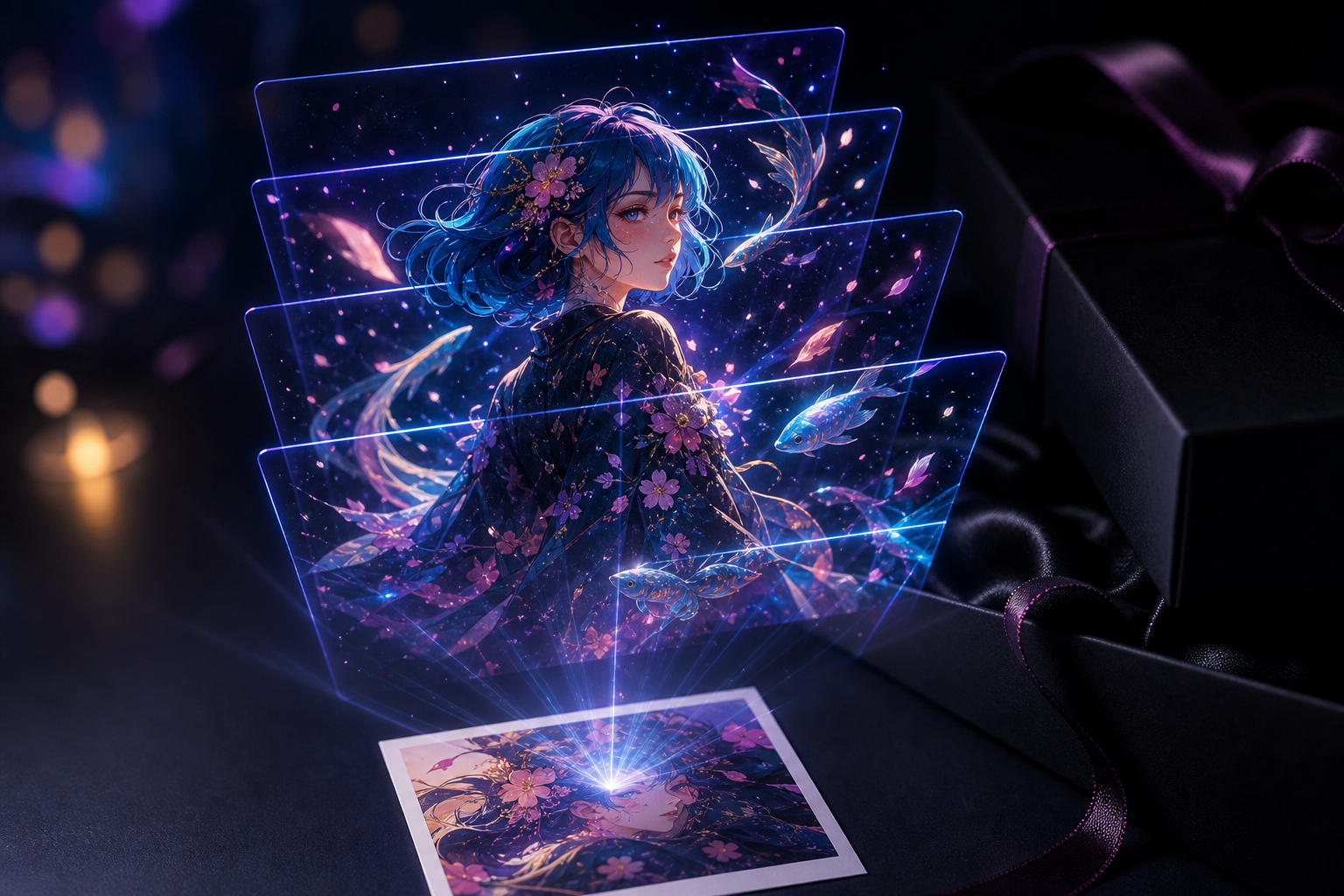 Gift print card near the bottom edge projecting the same character artwork forward through stacked AR slices