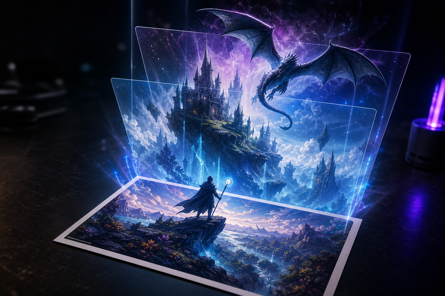 Fantasy print card in the foreground with the same artwork unfolding into two luminous AR depth layers above it