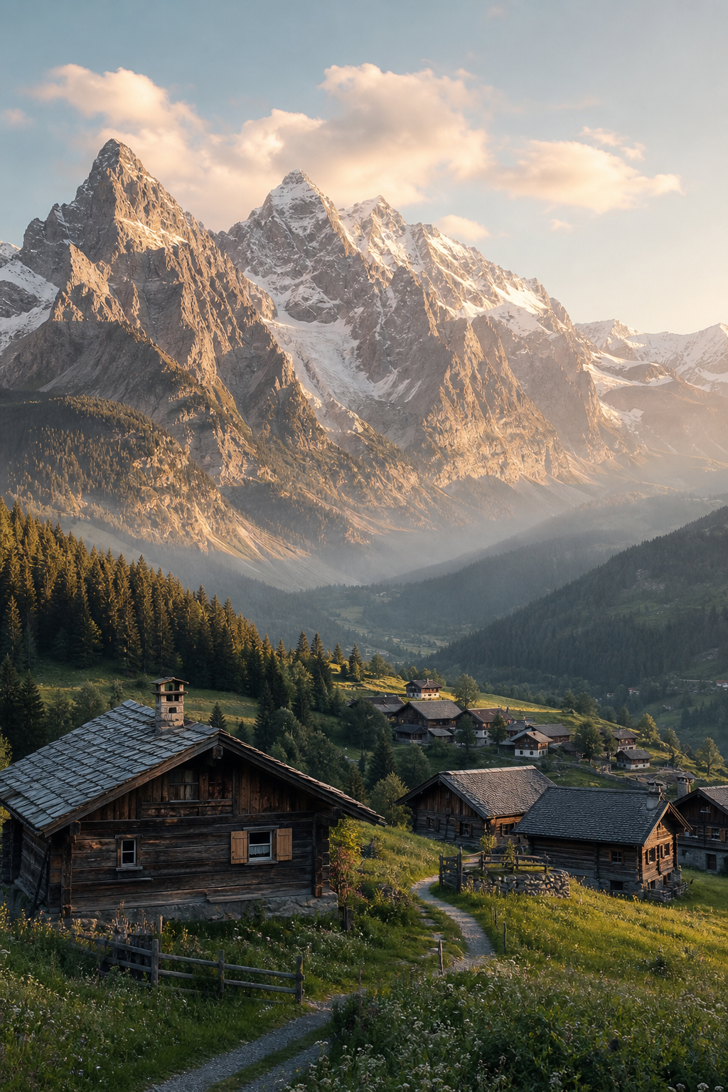 Alpine village with wooden chalets nestled beneath towering snow-capped peaks in golden light