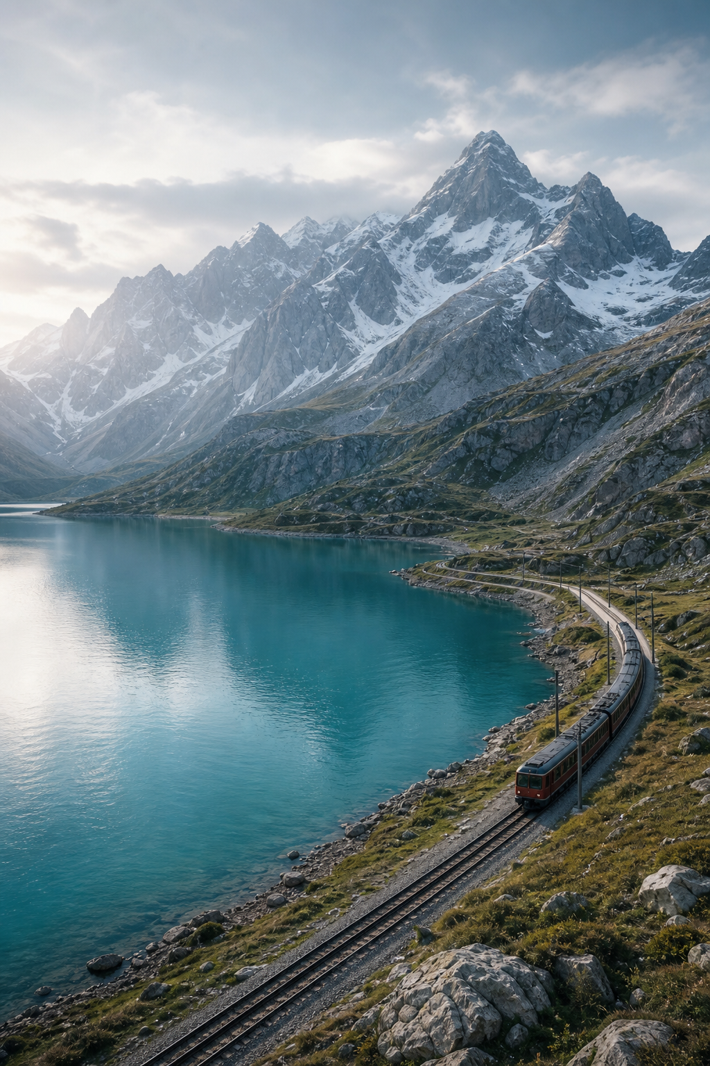 Turquoise alpine lake in the Alps with a mountain railway curving along snow-dusted peaks