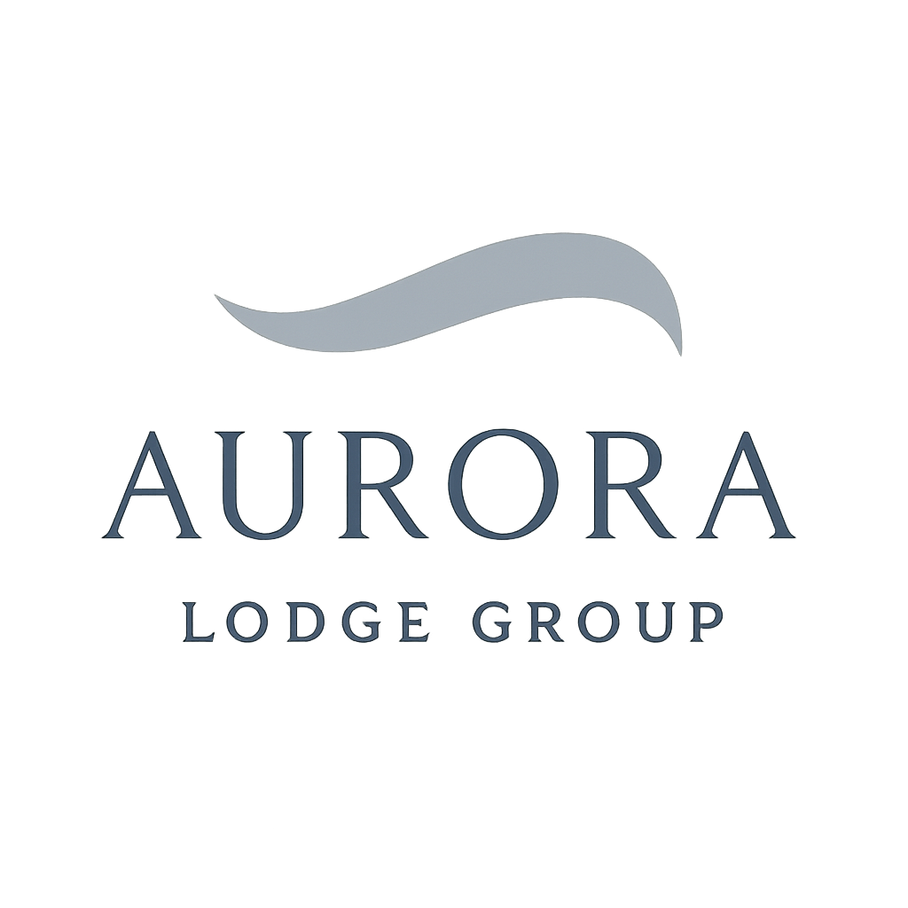 Aurora Lodge Group logo, a curved northern lights ribbon wordmark