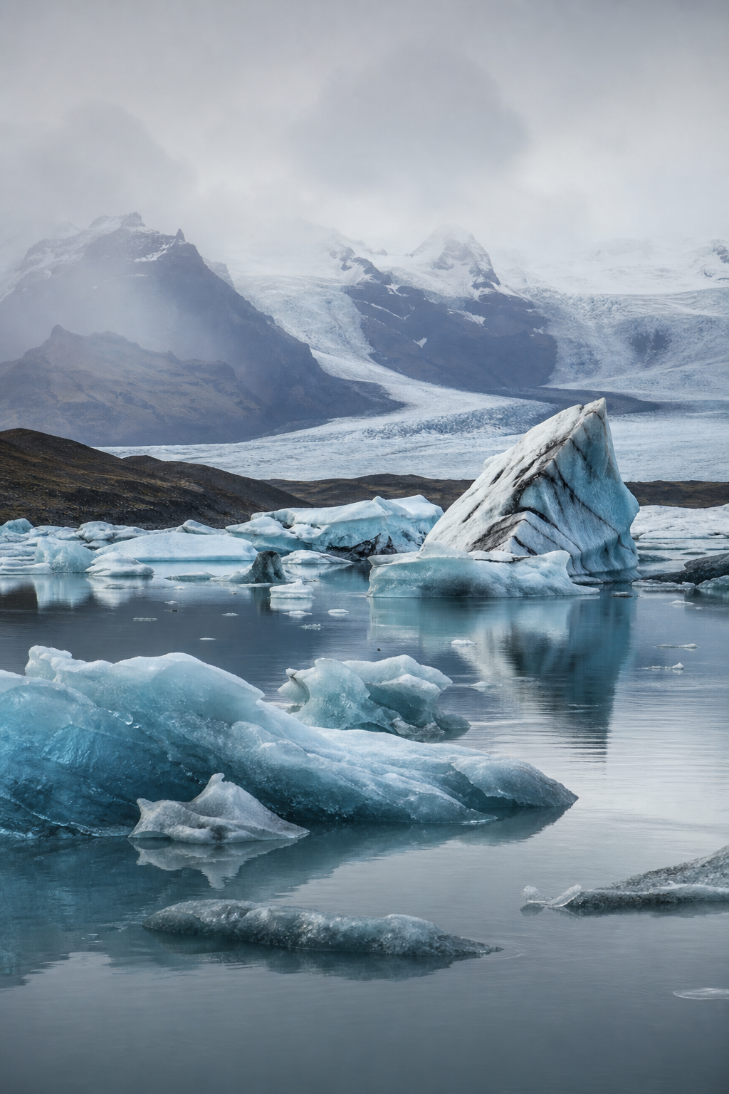 Iceland glacier lagoon scattered with drifting icebergs beneath misty volcanic mountains