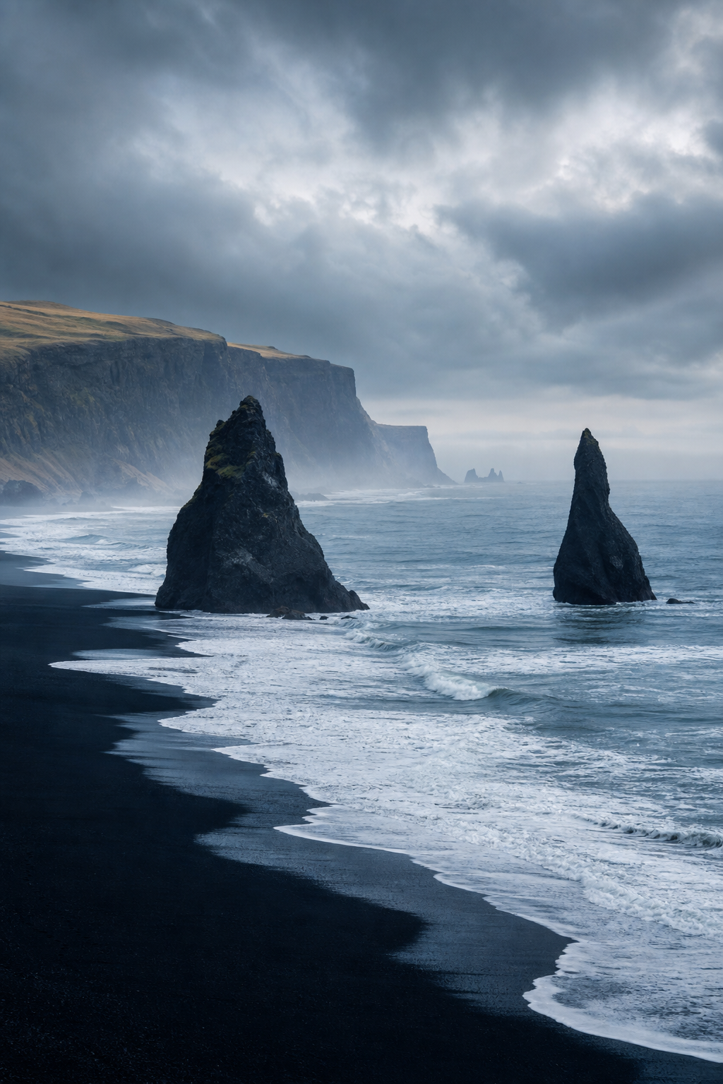 Dramatic black sand coastline along Iceland's ring road with basalt sea stacks