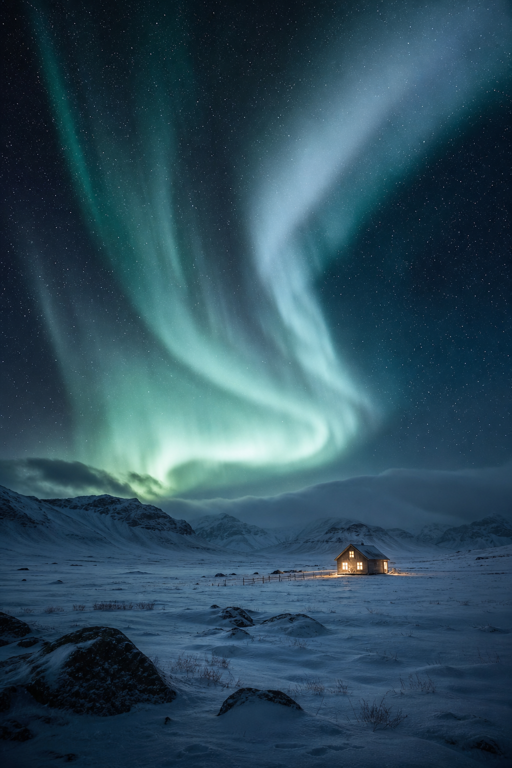 Aurora borealis glowing over a snow-covered landscape with a lone cabin at night