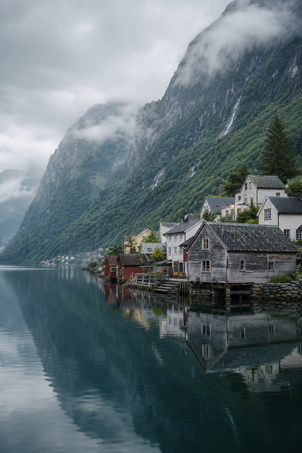 Norwegian fjord village with timber houses along a mirror-still fjord surrounded by steep green mountains