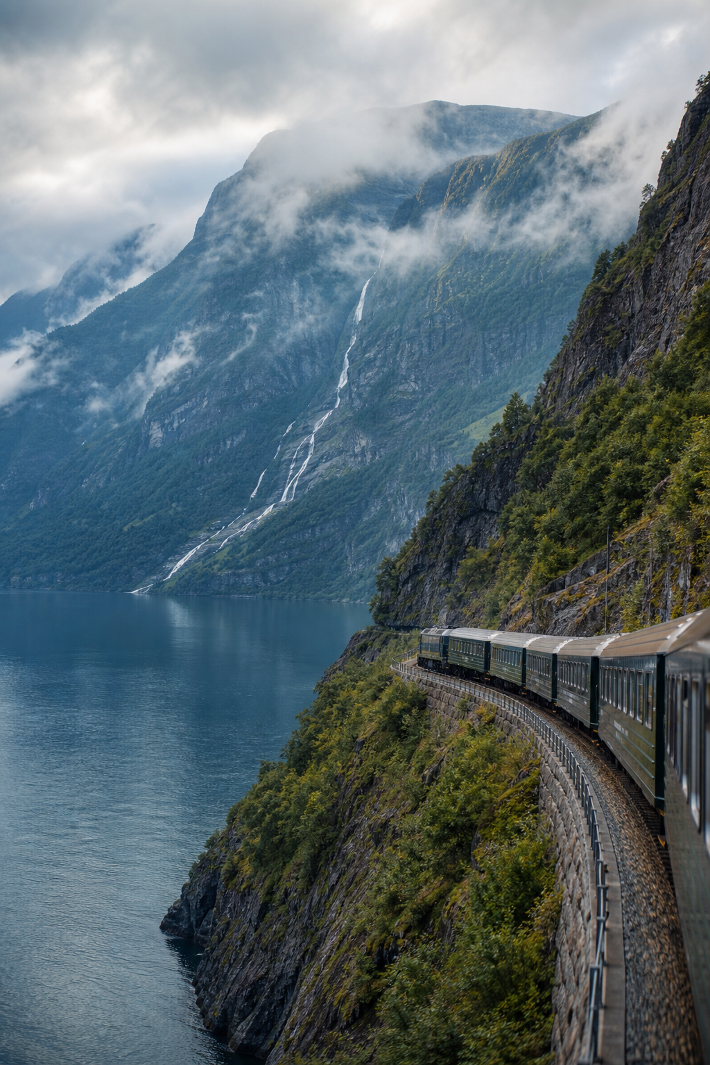 Scenic train winding along a deep blue Norwegian fjord beneath misty mountains