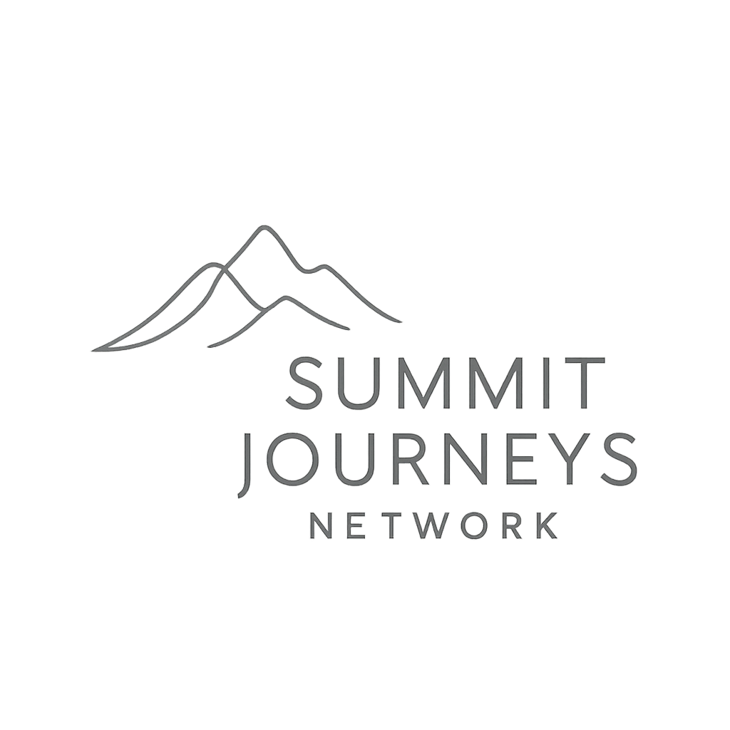 Summit Journeys Network logo, a thin line drawing of layered summits wordmark