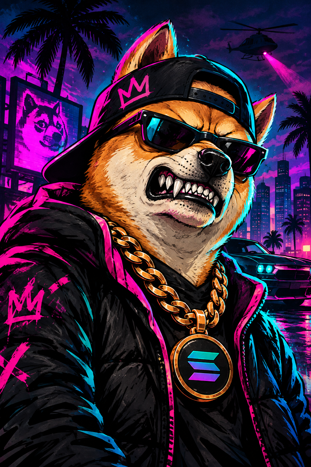 Illustrated GTA Dog avatar with fierce expression, punk streetwear, and neon meme energy