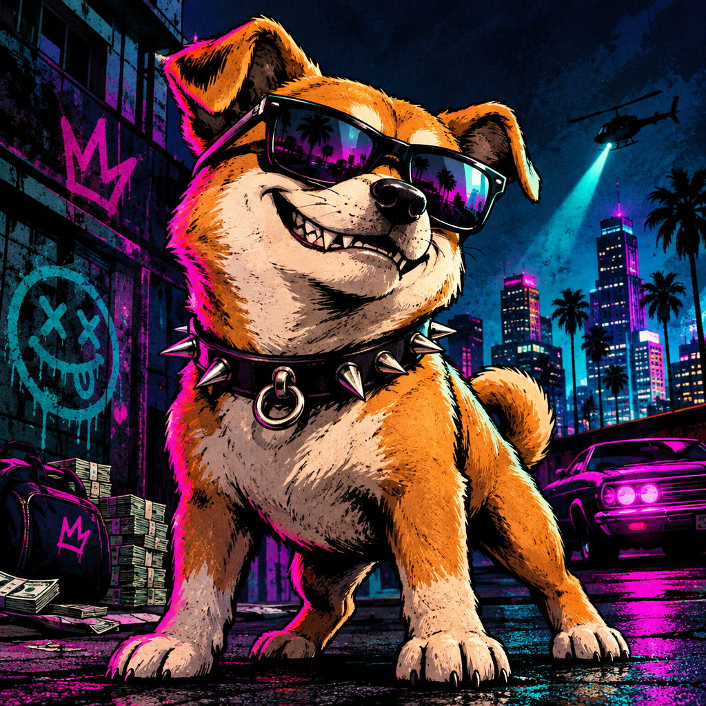 GTA Dog, a scrappy meme mutt with spiked collar, sunglasses, and chaotic street attitude