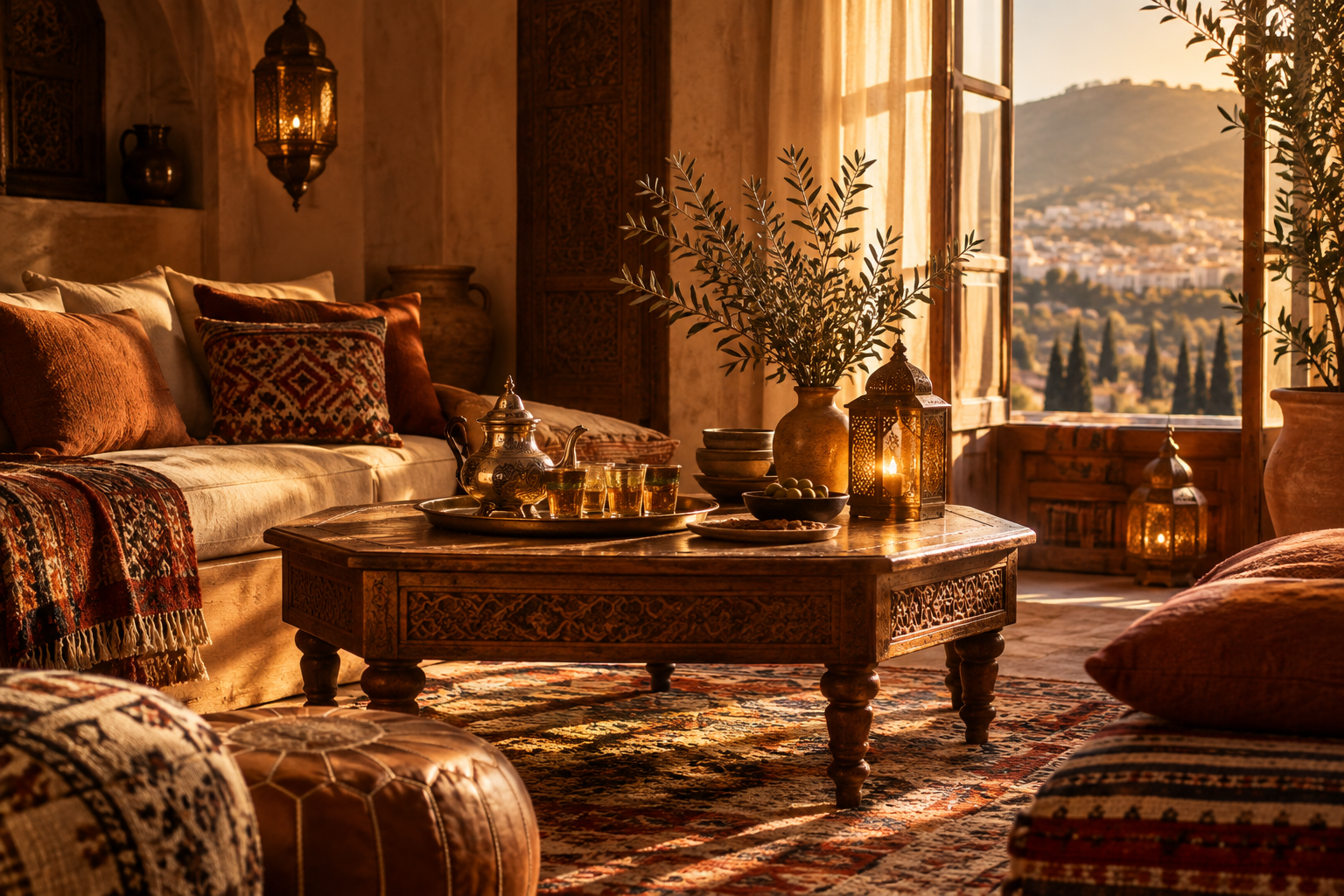 Warm evening salon in Northern Morocco with handwoven textiles, brass lantern light, and artisan ceramics arranged for an intimate private gathering