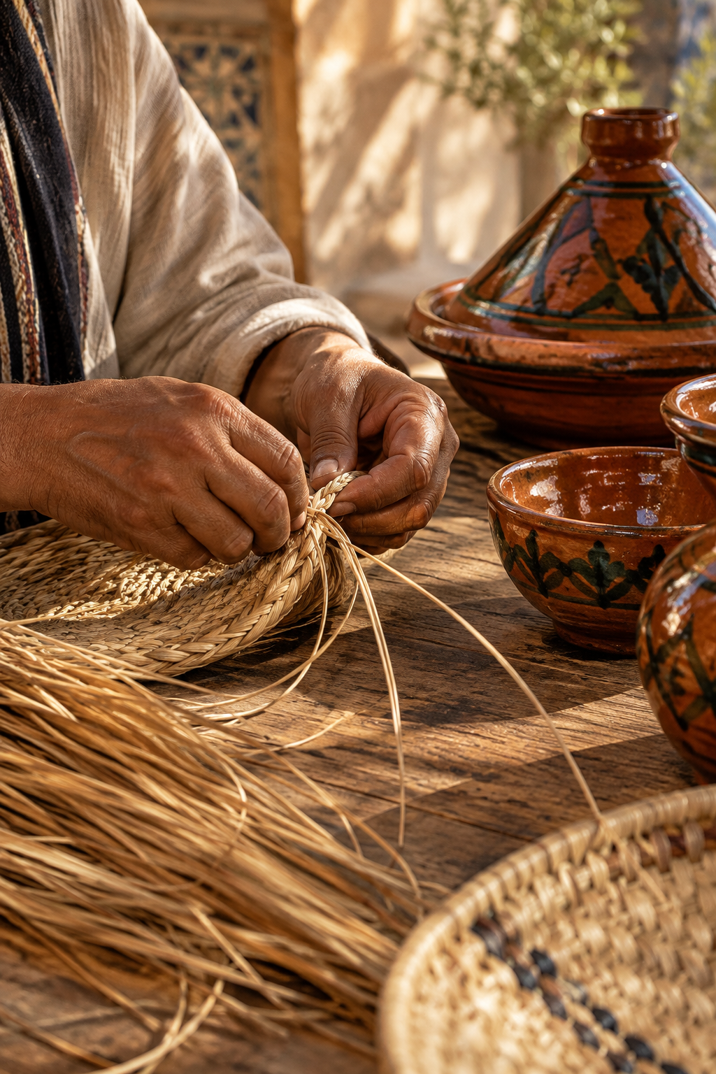 Close-up of artisan hands shaping handwoven natural fibers beside warm ceramic pieces in a sunlit Northern Morocco atelier