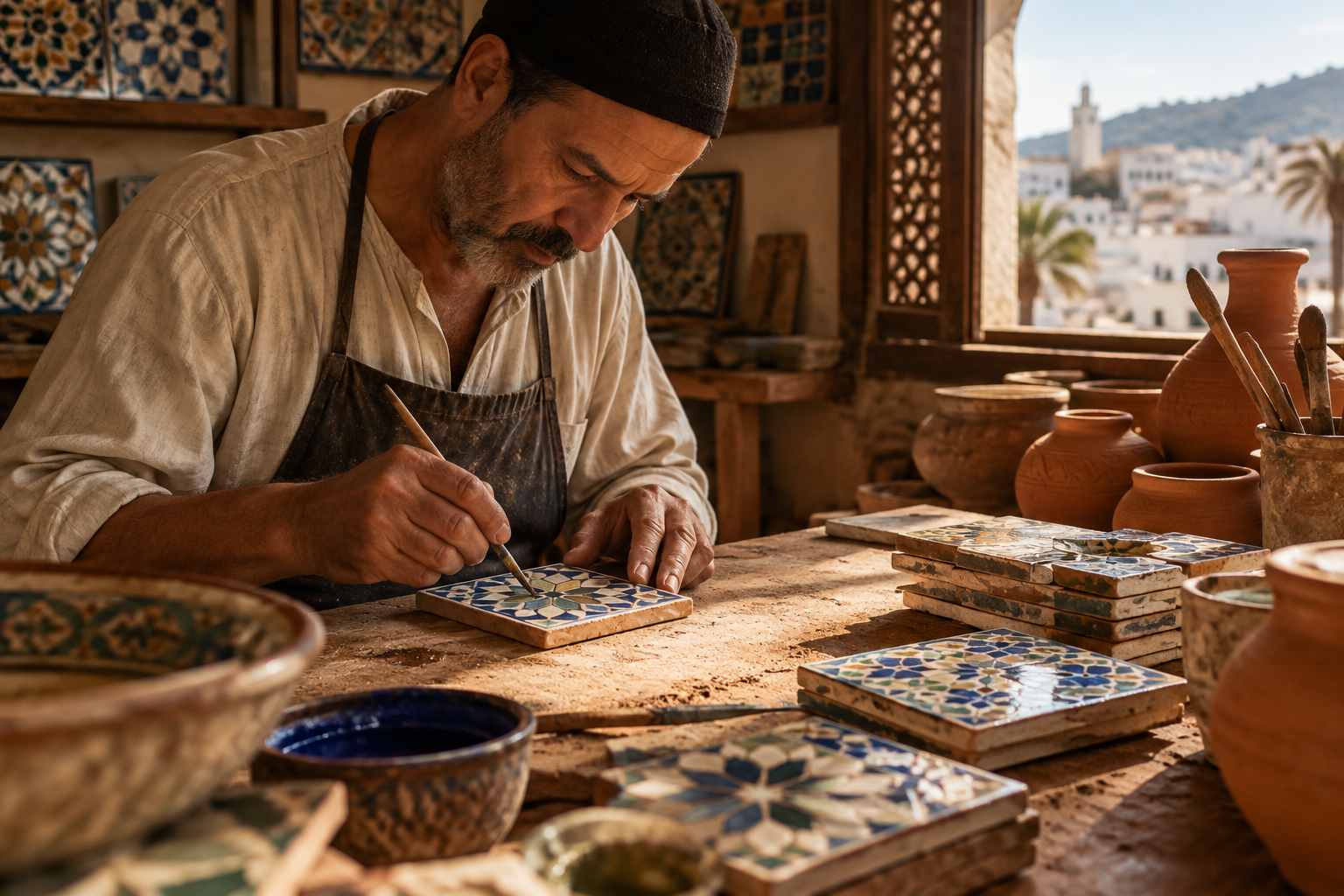 Artisan shaping hand-painted zelij tiles and pottery pieces in a traditional medina studio