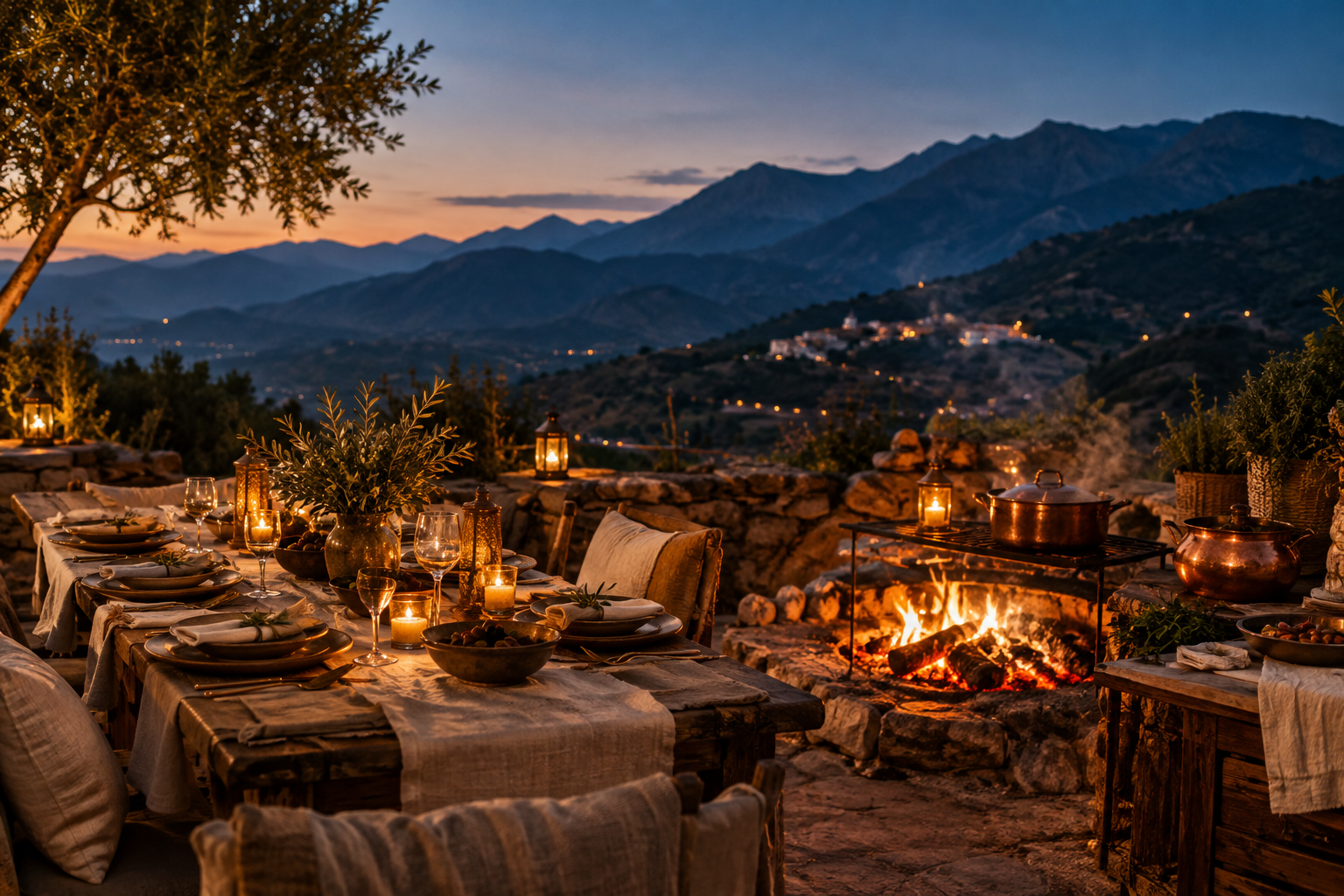 Private mountain dinner table at dusk with fire-lit cooking and Rif landscape views