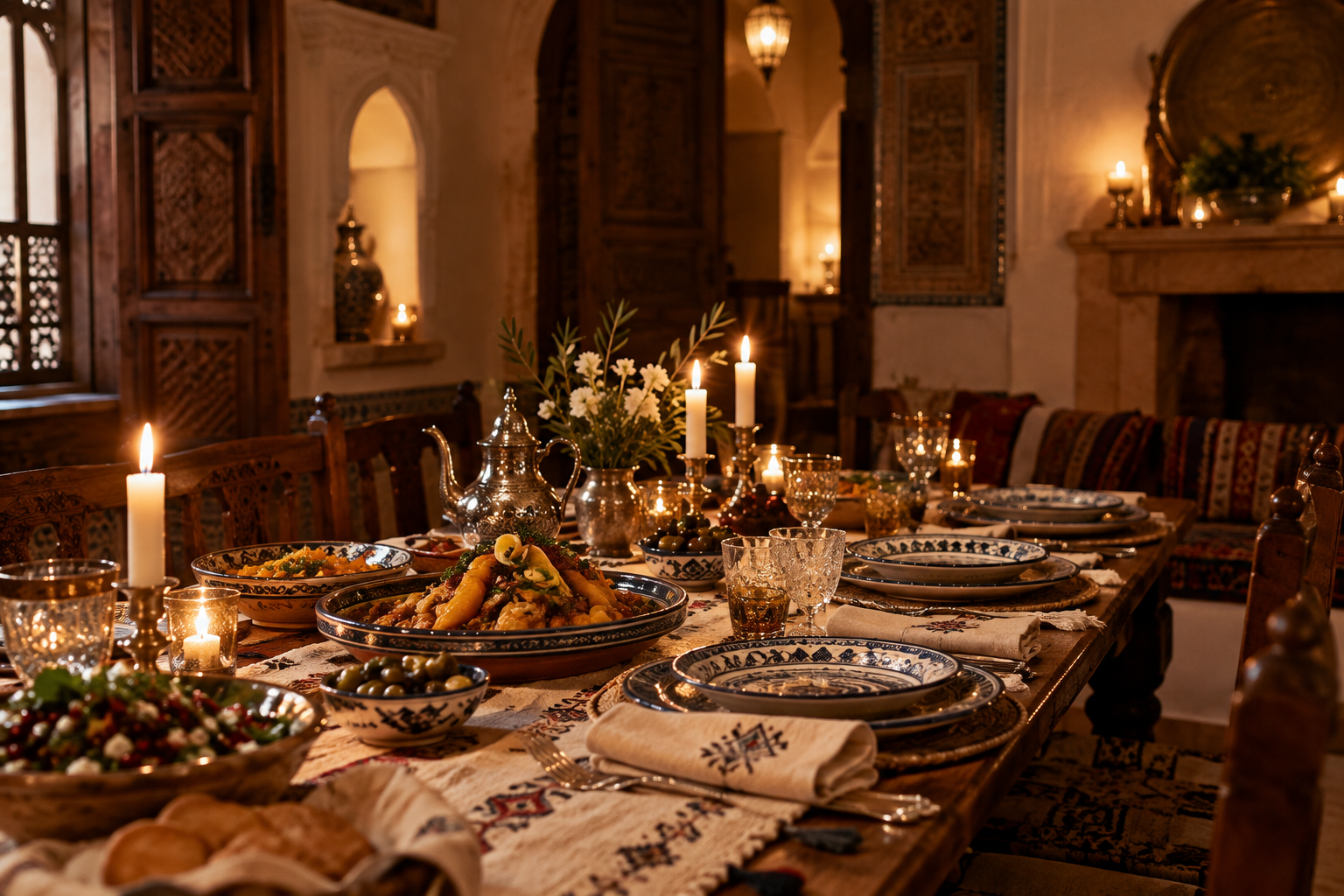 Elegant heritage dinner setting with traditional ceramics and candlelit ambiance
