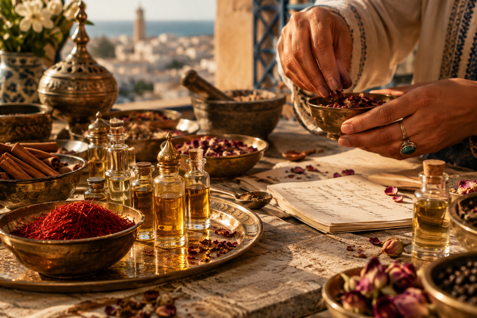 Curated spice and perfume ingredients arranged for a private sensory masterclass