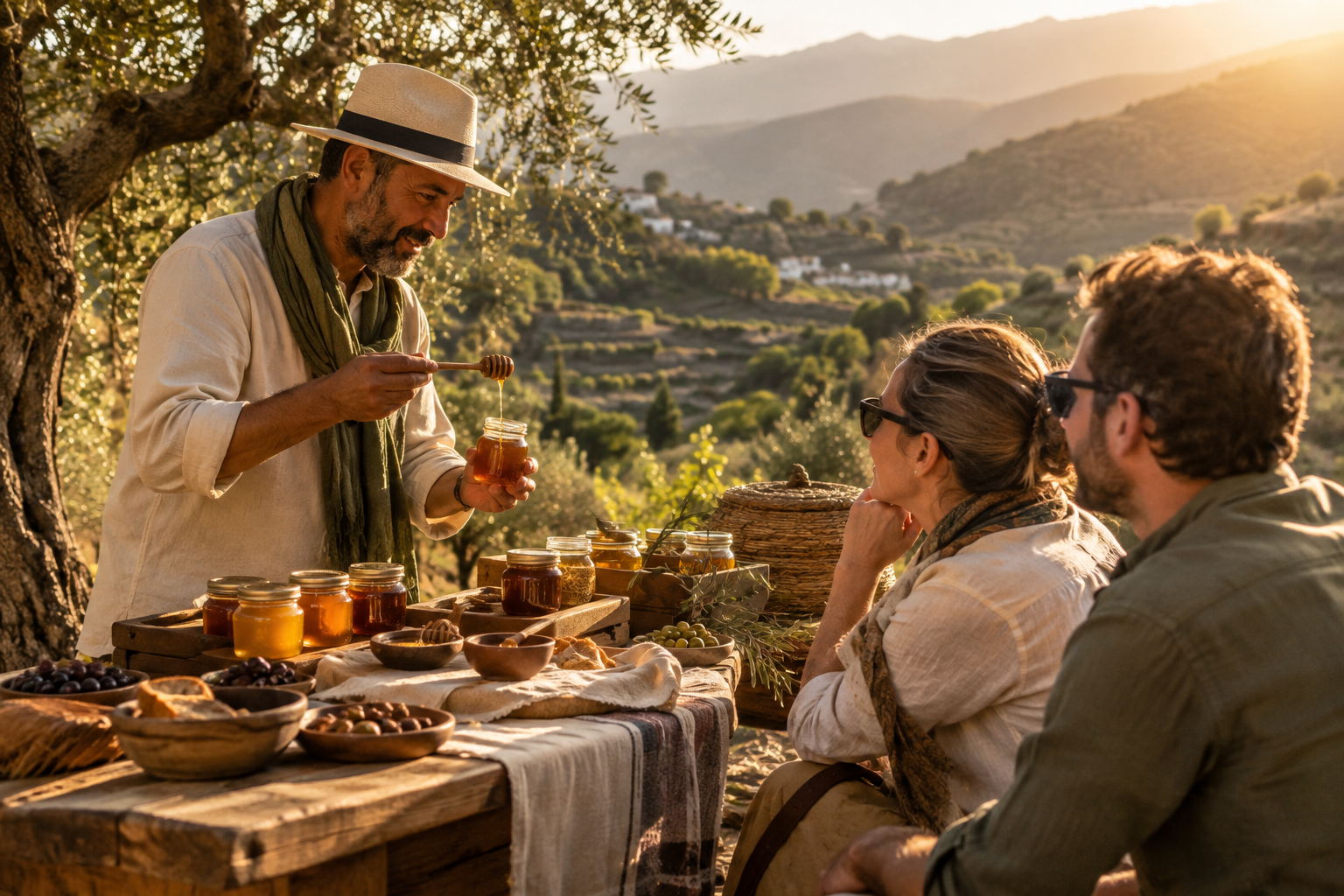 Olive groves and wild honey tasting setup during a guided countryside expedition