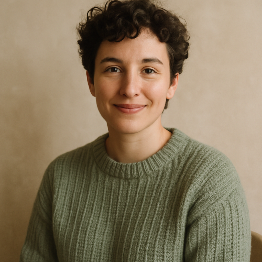 Portrait of a customer with short curly hair wearing a knit sweater