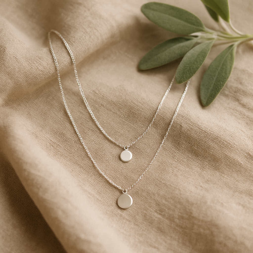 Necklace layered on linen fabric