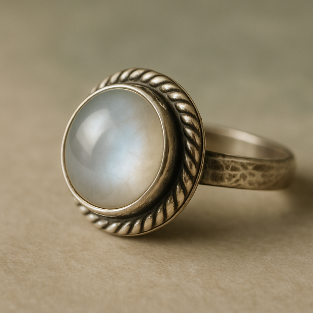 Close-up of a silver ring with soft gemstone