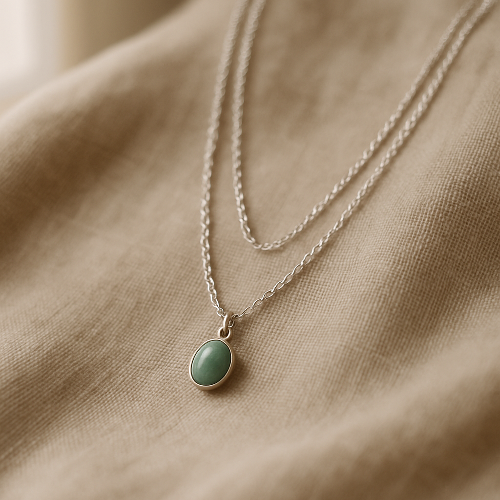 Layered silver necklace with sage green pendant