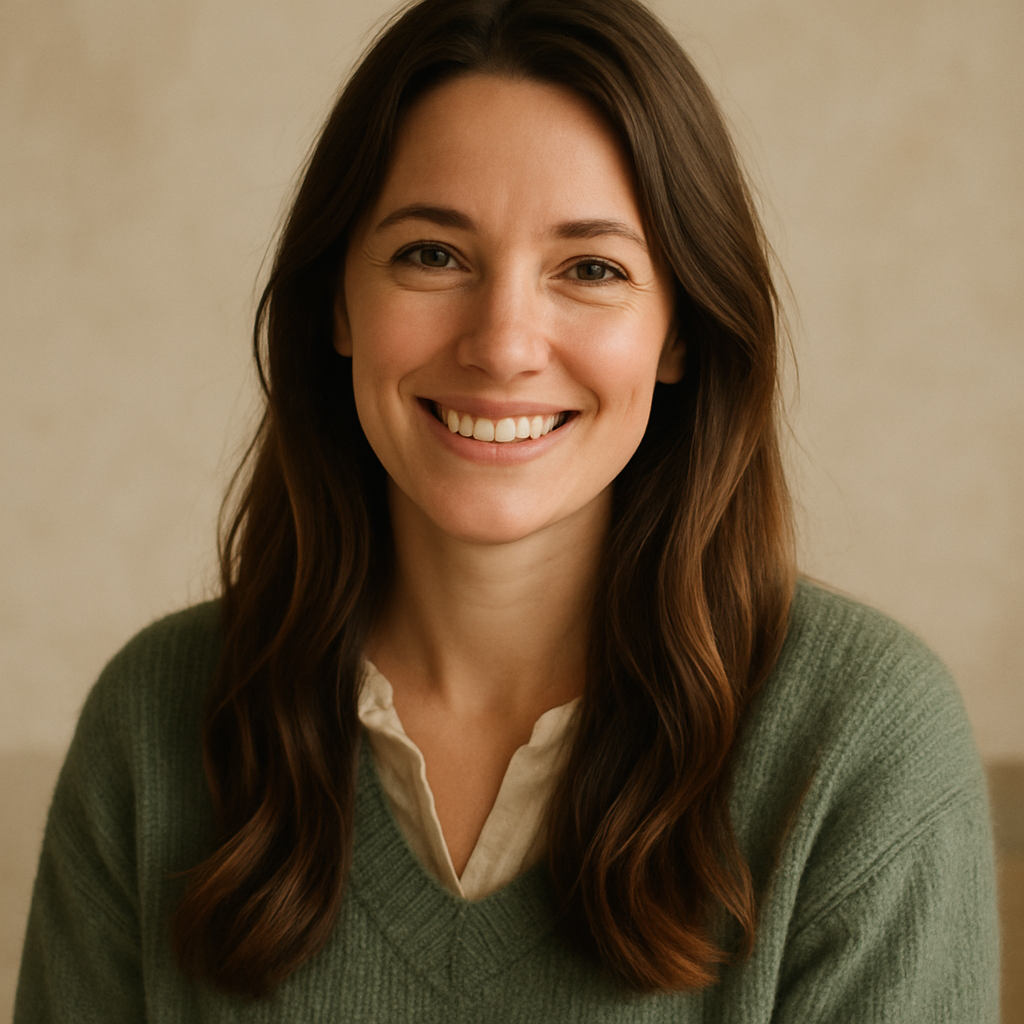 Portrait of a smiling customer with long chestnut hair
