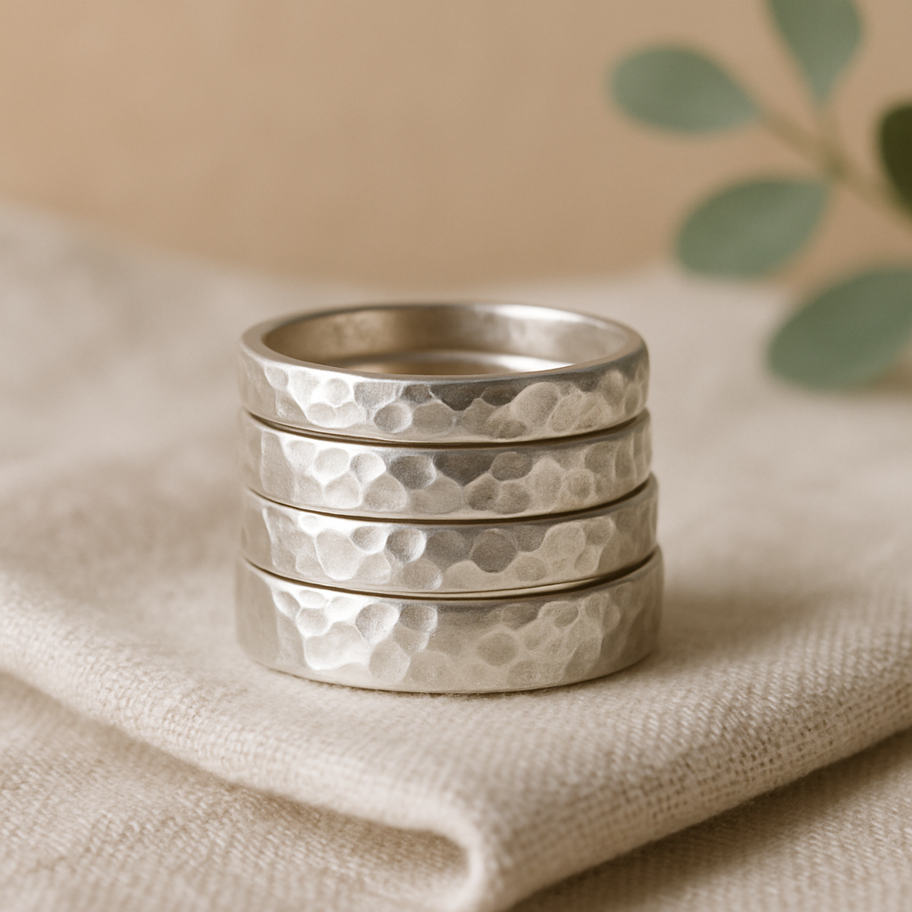 Stack of hammered silver rings on linen