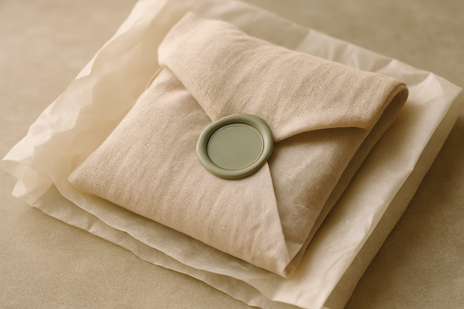 Linen pouch with tissue wrap and wax-seal style sticker