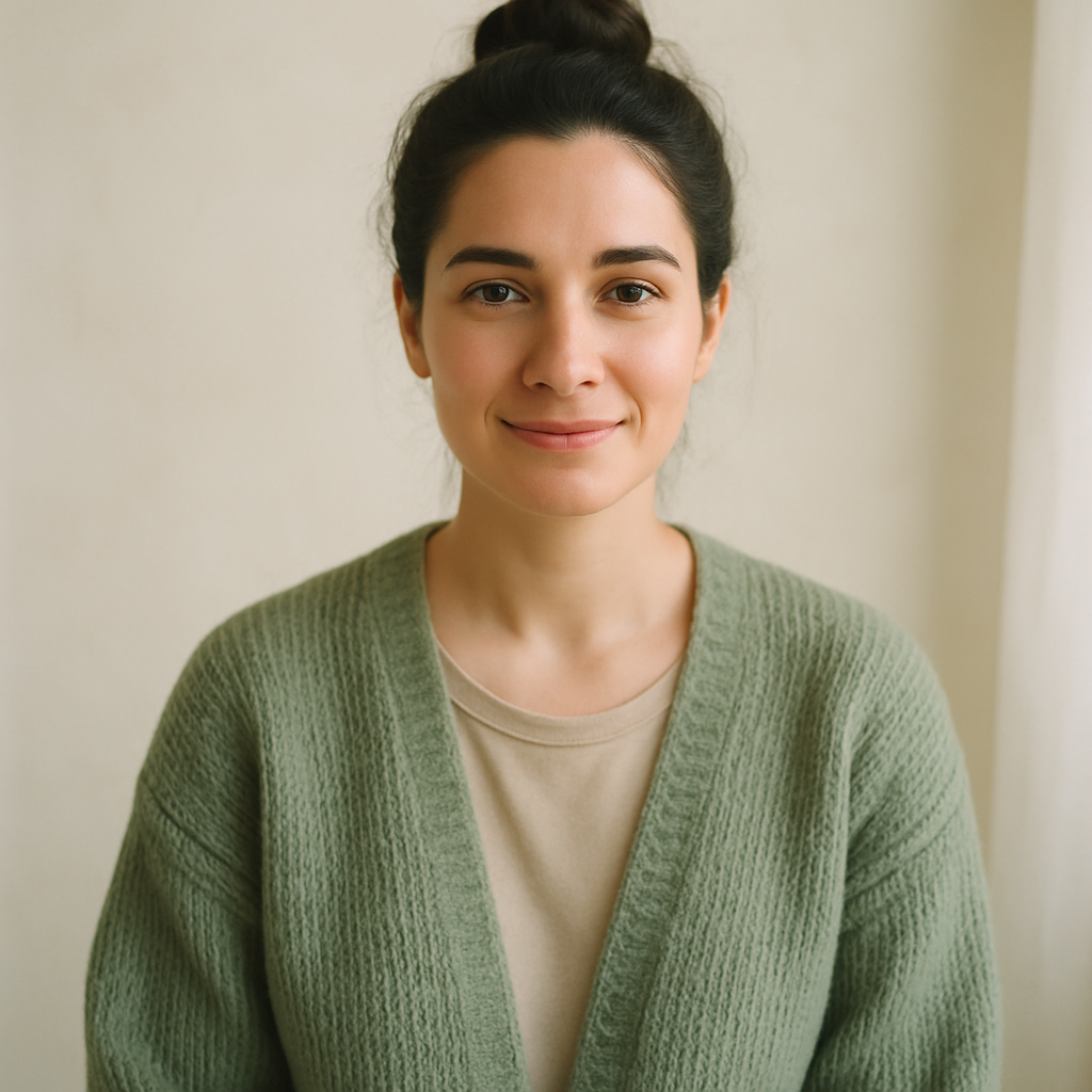 Portrait of a customer with dark hair in a bun and soft smile