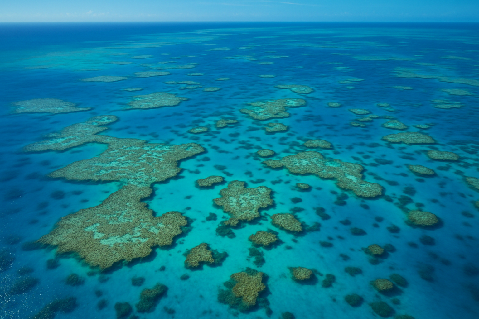 Aerial view of the Great Barrier Reef with coral formations and clear blue water