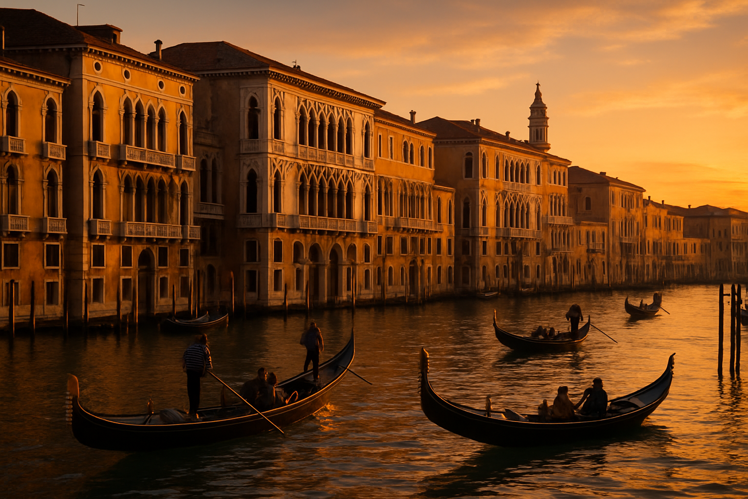 Venice canal at sunset with gondolas and historic palazzi