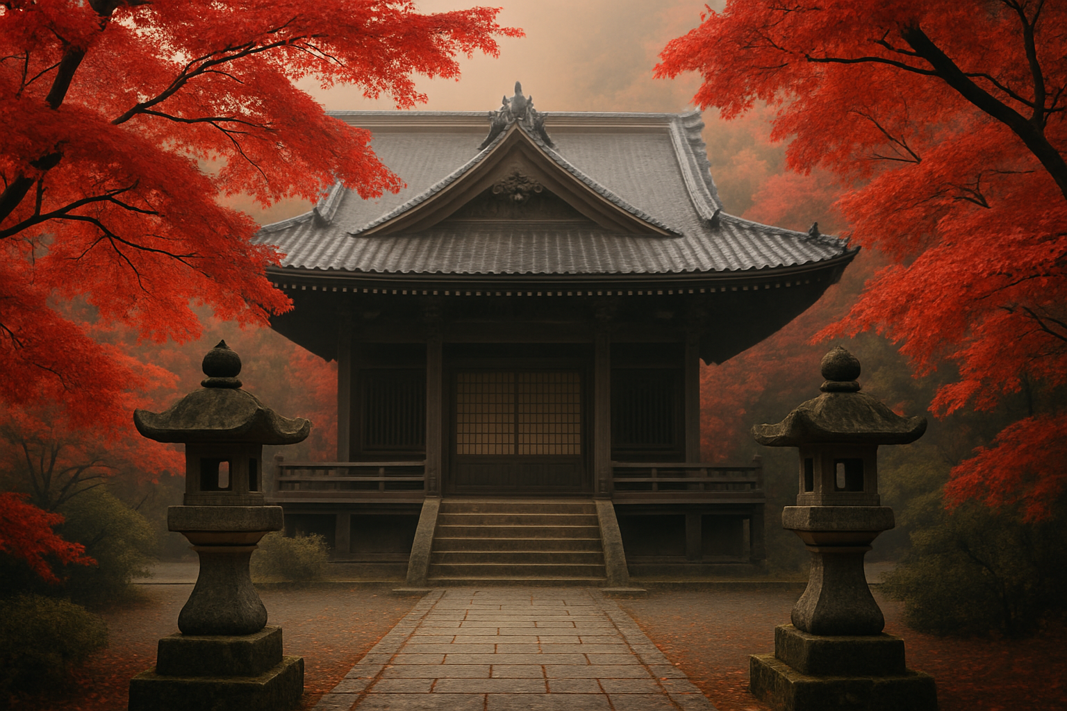 Kyoto temple with red maple leaves and traditional lanterns