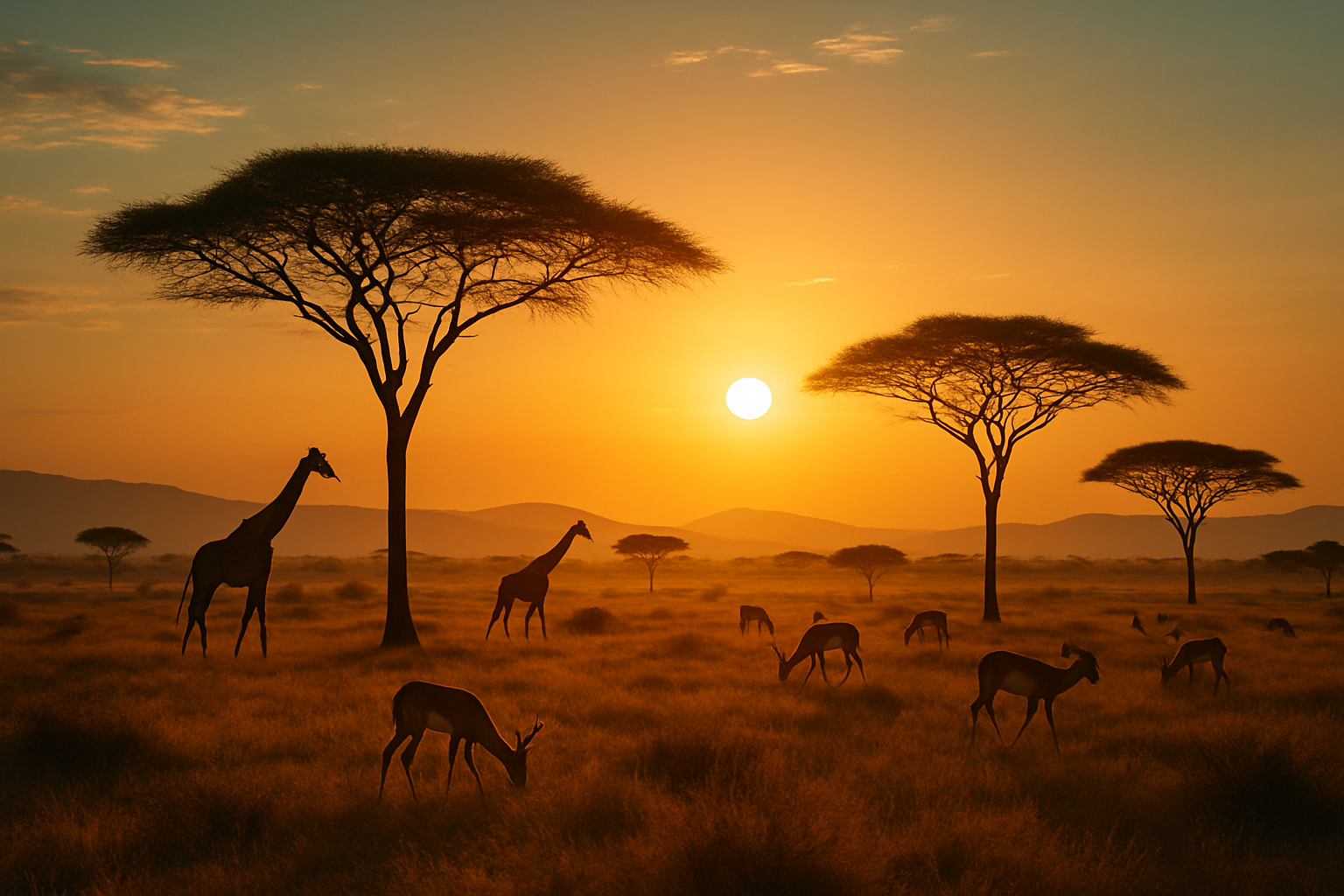 African savannah with acacia trees and wildlife at golden hour