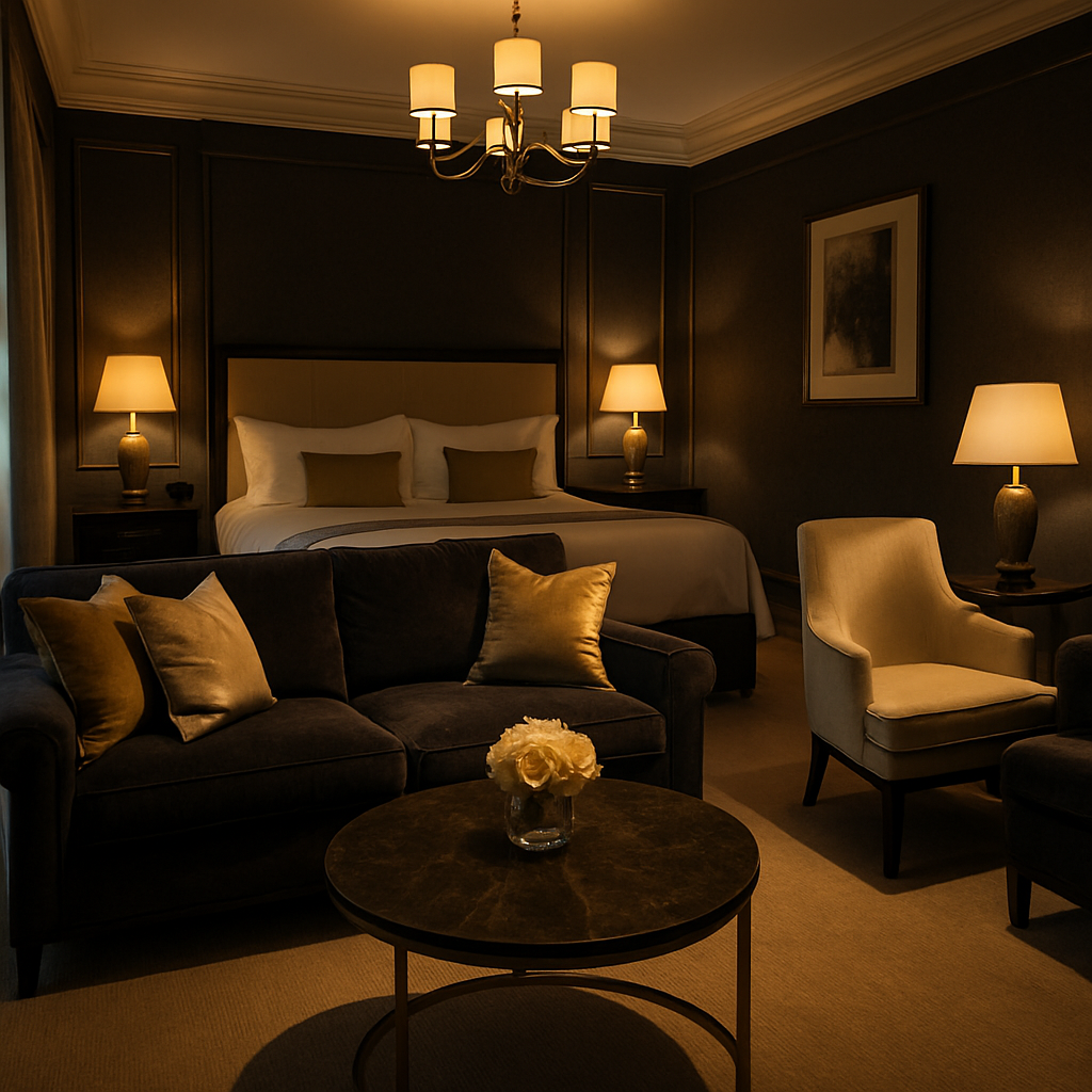 Refined hotel suite interior with warm lighting